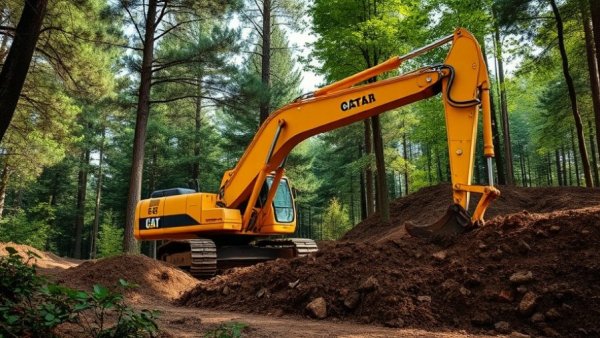 Excavator in forest clearing demonstrating connected performance in construction industry.