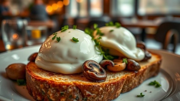 Acquirer's hubris symbolized by gourmet dish with poached eggs on toast.