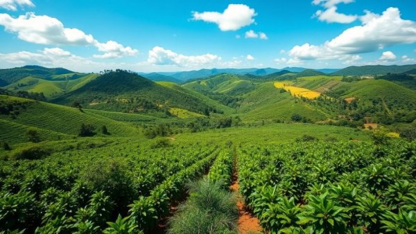 Lush coffee plantation landscape under blue sky.