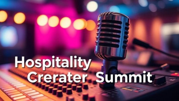 Hospitality Creator Summit text with microphone and soundboard