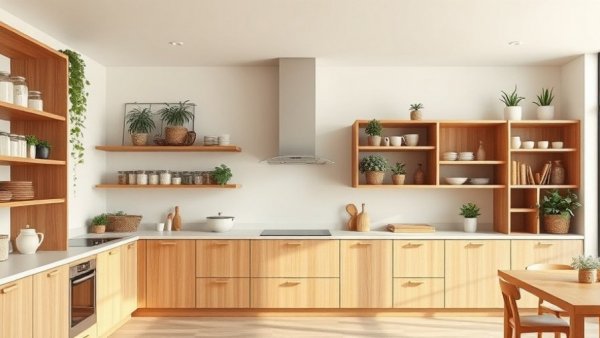 Contemporary kitchen design with wooden cabinets and open shelves, Construction of a Home Extension.