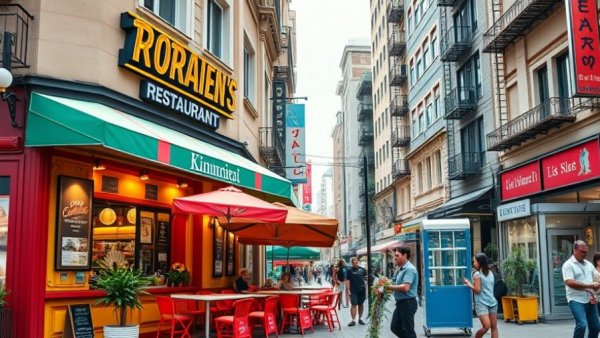 Vibrant restaurant facade with outdoor seating on an urban street, Single-Shift Labor Model in Restaurants.