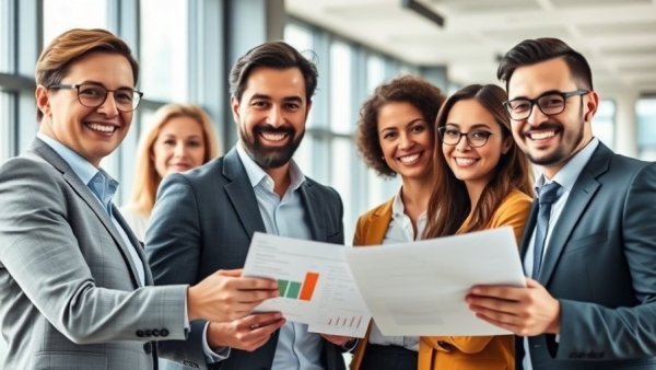 Business professionals discussing planning strategy software solutions.