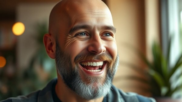 Man discussing benefits of red light therapy for skin indoors.