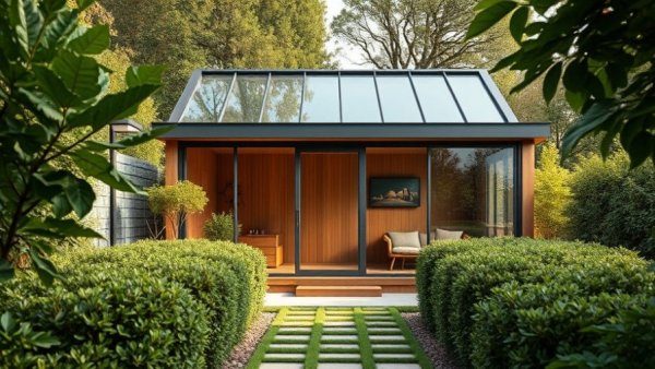 Modern garden building installation with large windows surrounded by greenery.