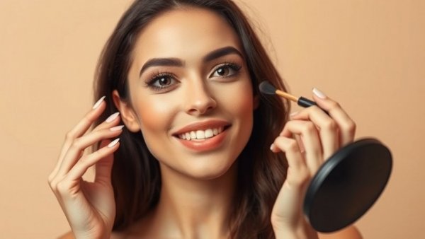 Confident woman giving makeup tips, photorealistic.