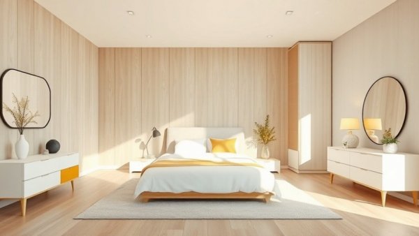 Modern minimalist bedroom design with light wood and cozy feel, ideal for building an extension to your home.