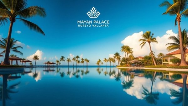 Mayan Palace Nuevo Vallarta serene pool with palm reflections.