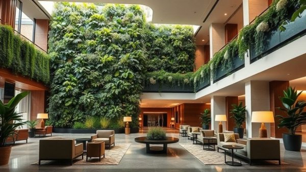 Contemporary sustainable luxury hotel lobby with vertical garden.