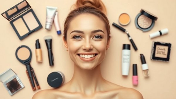 Modern makeup tutorial poster with products for beginners.