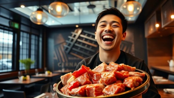 Excited person holding BBQ platter in Los Angeles Korean BBQ restaurant.
