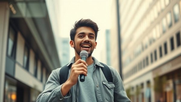 Quo Vadis 100 years: Young man speaking energetically outdoors.