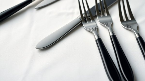 Elegant Sabre Bistrot flatware with black handles on a white cloth.