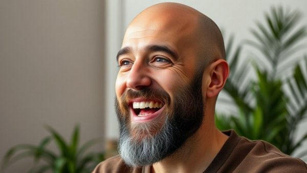 Bald bearded man discussing red light therapy for skin, smiling indoors.