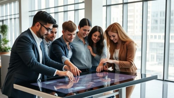 Young professionals using AI touchscreen in modern office for Answer Engine Optimization in AI search