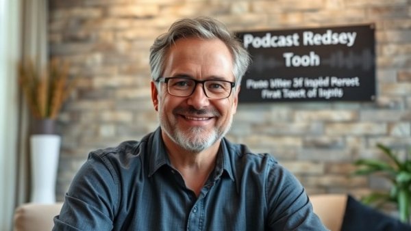 Middle-aged man in podcast, casual setting, text overlay