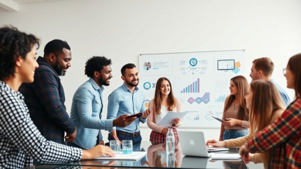 Diverse team collaborating in digital marketing agency setting, discussing strategies.