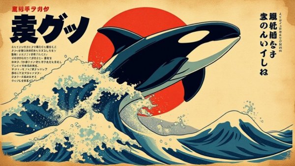 Vintage Japanese orca illustration for social media cover.