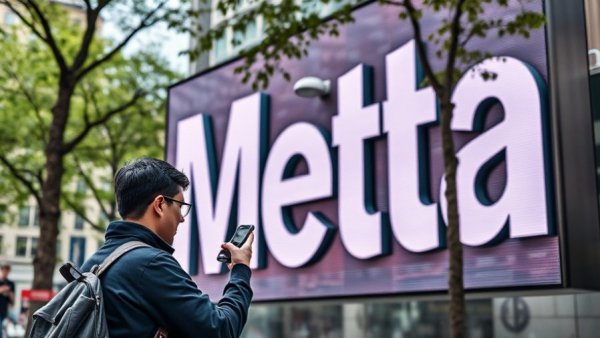 AI in business marketing: person using phone by Meta sign.