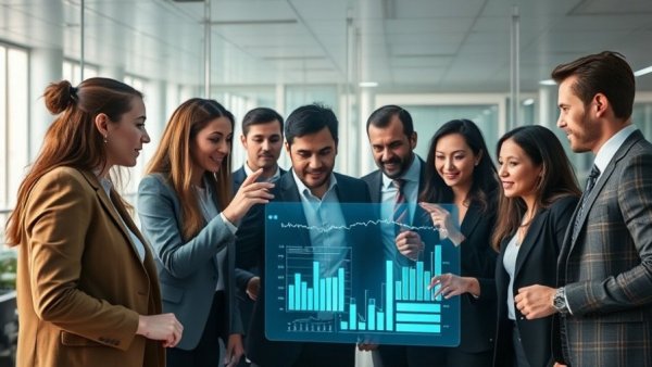 Business professionals discussing data on digital display in modern office.