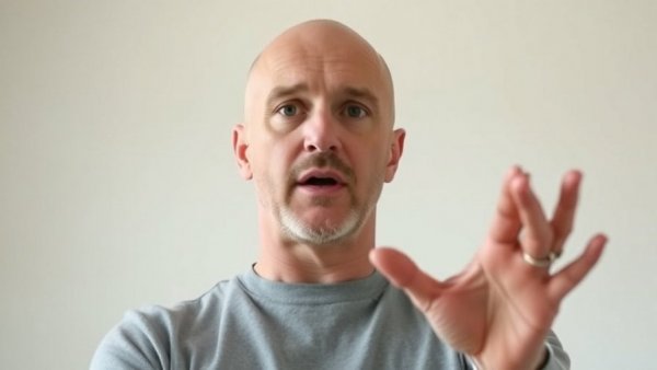 Man explaining concept with minimal background indoors.