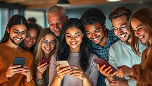 Diverse group engaging with electronic devices, digital marketing agency