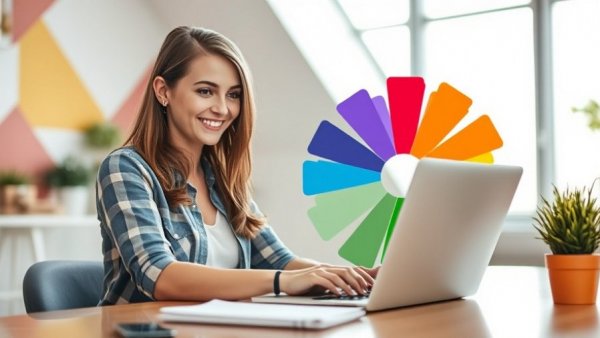 Creative workspace design with laptop and color tools, social media header.