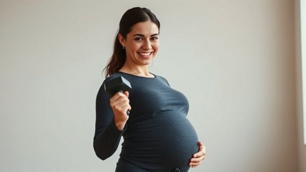 Pregnant woman exercising with dumbbell, promoting prenatal care.
