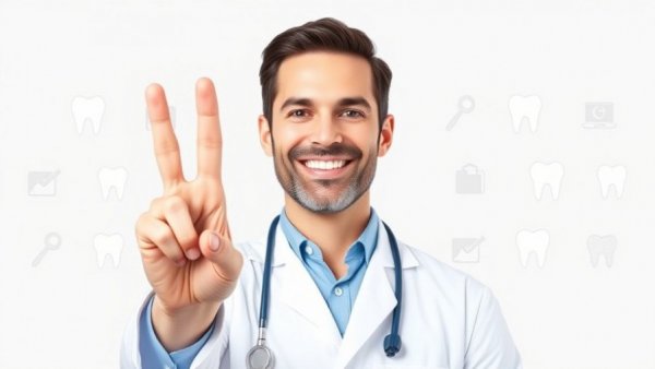 Smiling dentist in infographic on affordable dental implants abroad.