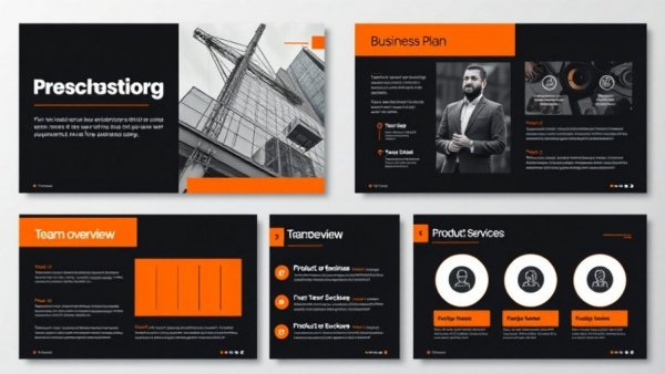 Sleek business presentation layout with orange and black accents.