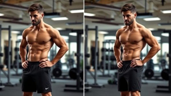 Body transformation showcasing before and after muscle gain due to professional diet and nutrition advice.