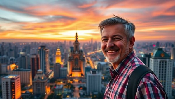 Middle-aged man experiencing dental tourism in Vietnam with Ho Chi Minh City skyline.