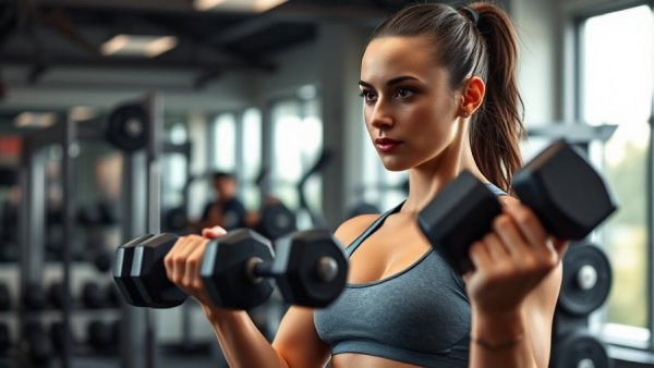 Focused woman lifting weights in gym highlighting muscle growth