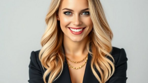 Professional portrait of a smiling woman, symbolizing Ozempic face, on a light gray background.