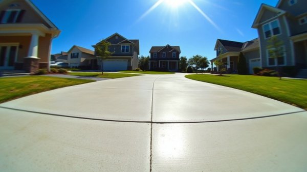 Foundation construction methods shown in a wide-angle view of a freshly poured concrete driveway.