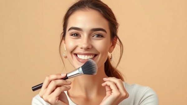Woman demonstrating essential makeup brushes for beginners.
