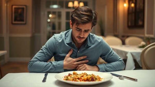 Young man concerned about digestion after eating meal, at dining table.