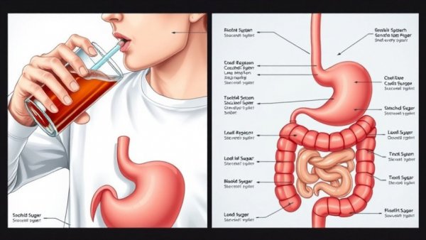 Split screen illustration of soda effects on empty stomach, showing health impact.