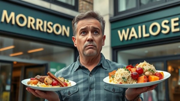 Perplexed man in front of Morrison and Waitrose with food plates, vibrant urban setting.