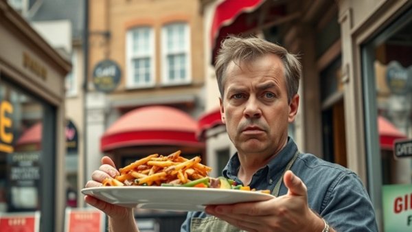 Man looking disgusted at food outside a café, related to best restaurants near me.