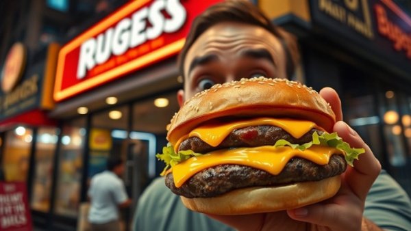 Best burger near me: man amazed by a double cheeseburger at night