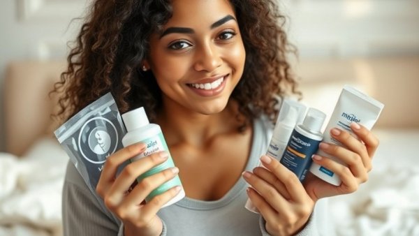 Personal care routine essentials for skincare routine during your period, young woman with hygiene products.