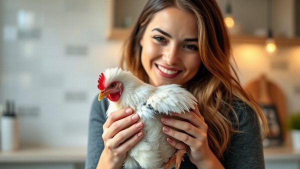 Woman holding silkie chicken for health, promoting chicken soup benefits.