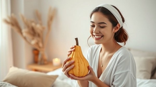 Smiling woman explores skincare routine in cozy setting.