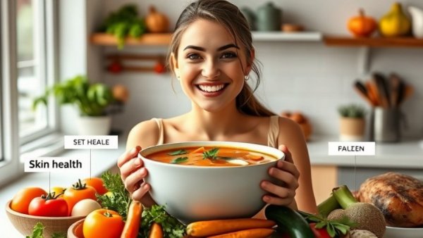Young woman poses with ultimate healing soup for glowing skin ingredients.