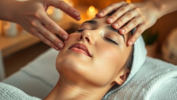 Young woman experiencing face-slimming massage method in spa.