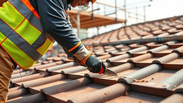 Construction worker cutting latest roofing materials on scaffolding.