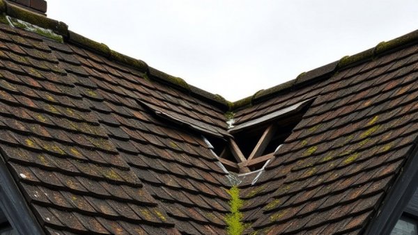 Pitched roof valley repair with exposed beams and missing tiles.