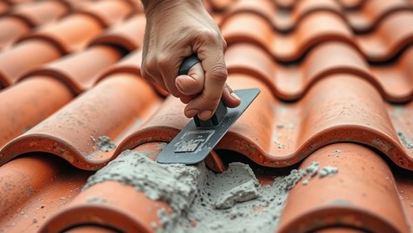 Detailed view of roof cement pointing on red tiles.