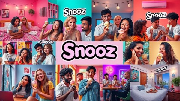 Vibrant Snooz Ice Cream branding collage showing diverse enjoyment.